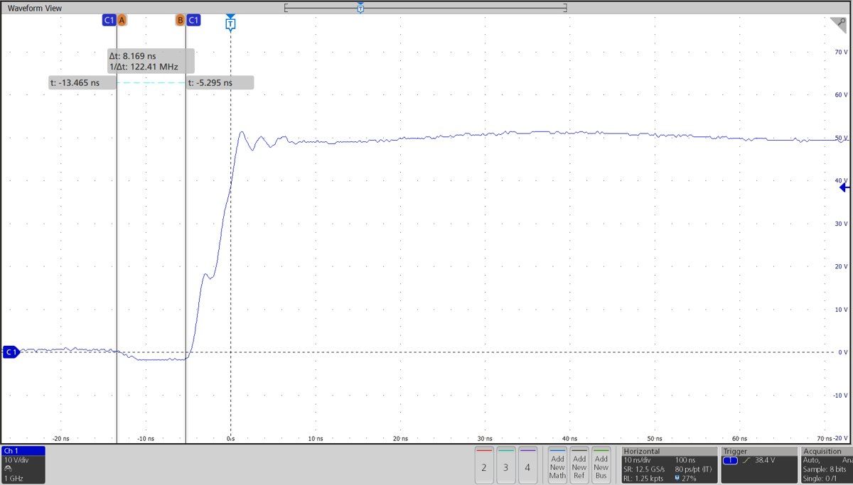 LMG2100R044 SW
                        Node Behavior Showing the Dead Time and Rise Time for a Buck Converter  with
                            RBST=2.7 Ω