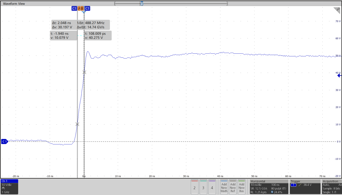 LMG2100R044 SW
                        Node Behavior Showing the Rise Time for a Buck Converter with HB-HS supplied
                        externally and RBST=2.7 Ω 