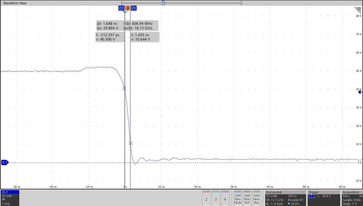 LMG2100R044 SW
                        Node Behavior Showing the Fall Time for a Boost Converter
                        RVCC=2.7 Ω 