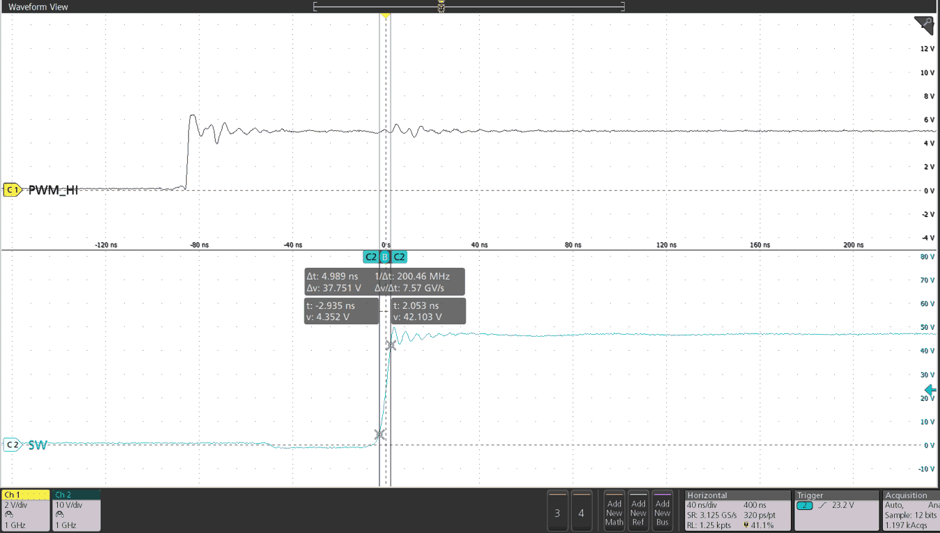 LMG3100R017 SW
                        Node Behavior Showing the Dead Time and Rise Time for RBST = 3 Ω
                        in a buck configuration