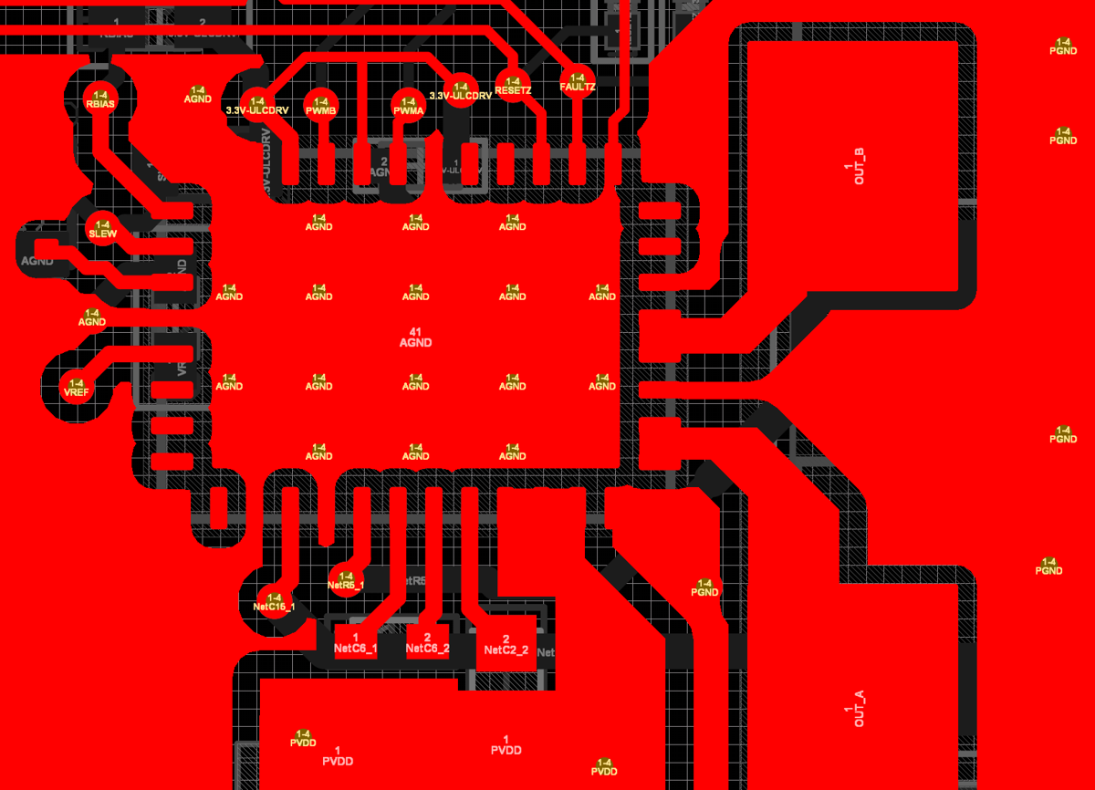 DRV2911-Q1 Recommended Layout Example for
                    VQFN Package