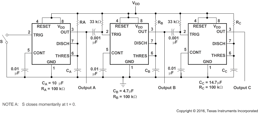 TLC555-Q1 シーケンシャル タイマ回路