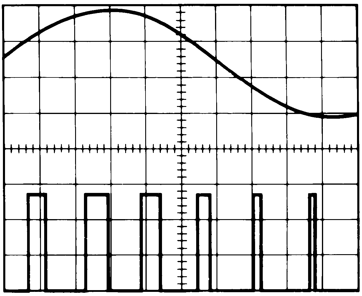 TLC555-Q1 パルス幅変調波形：
                            上の波形—変調 下の波形—出力電圧