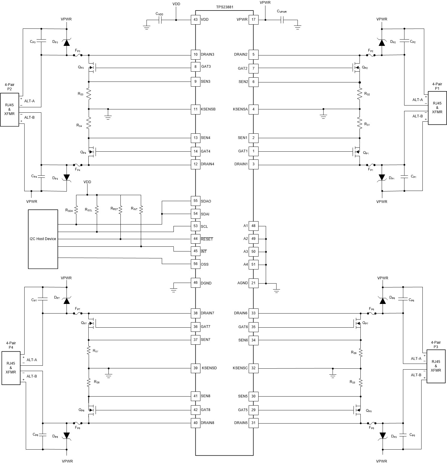 TPS23881B Four 4-Pair Port Application