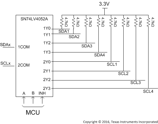 SN74LV4052A Typical I2C Multiplexing Application