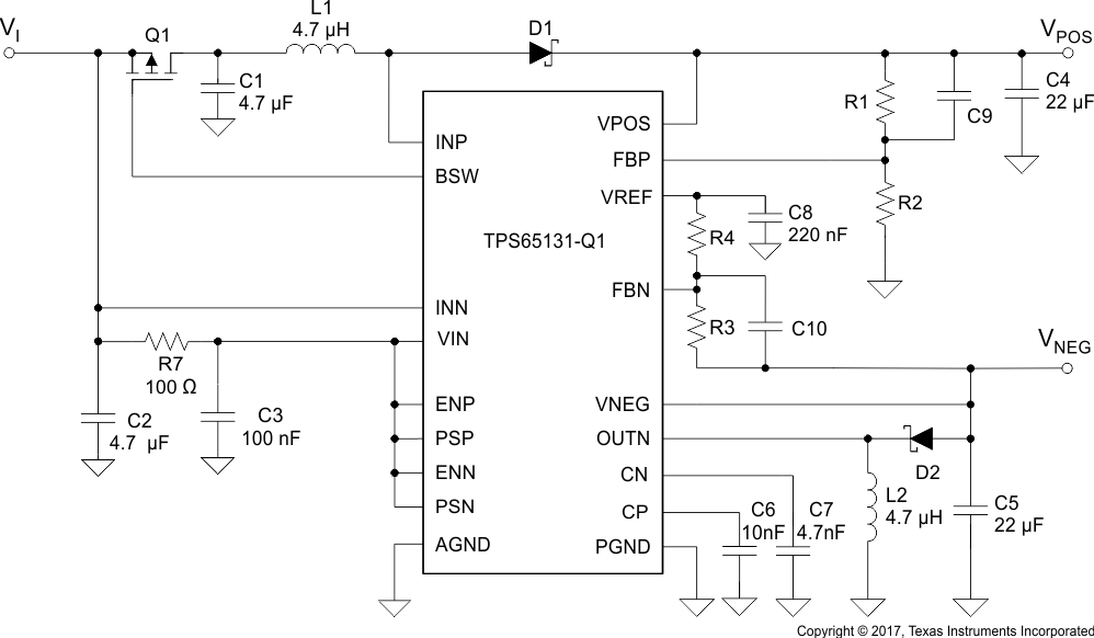 TPS65131-Q1 アプリケーション回路図