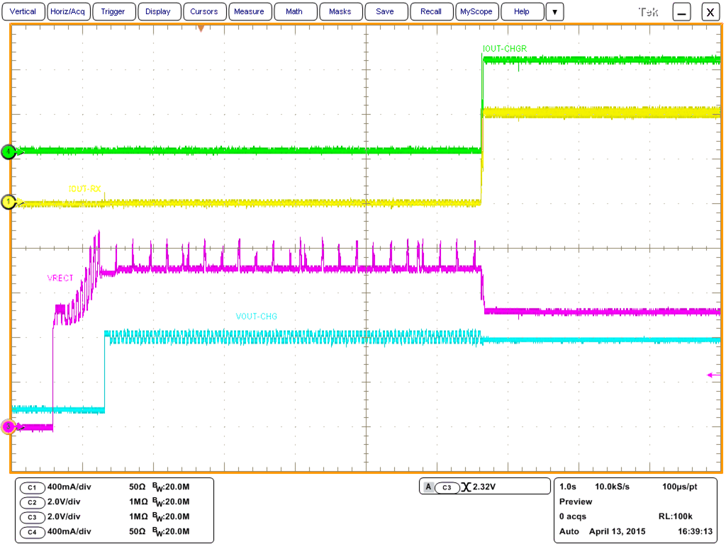 BQ51013C System Start-Up With Battery Inserted After Wireless Power is Enabled (1 s / division)