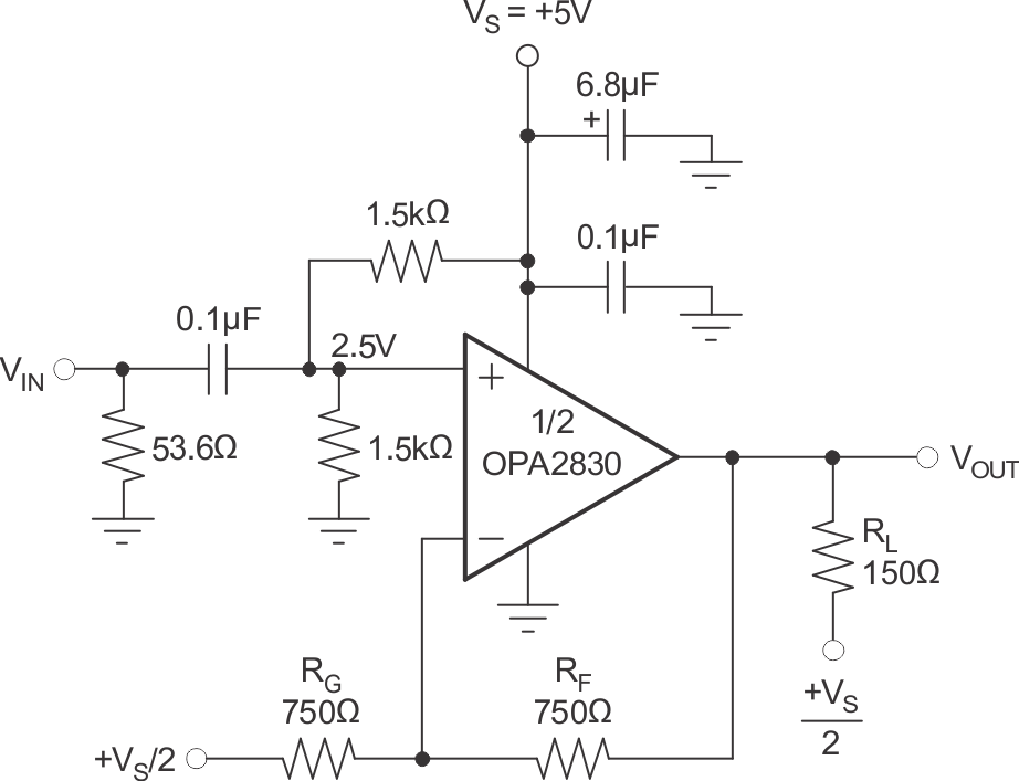 OPA2830 AC-Coupled, G = +2, 5V
                    Single-Supply Specification and Test Circuit