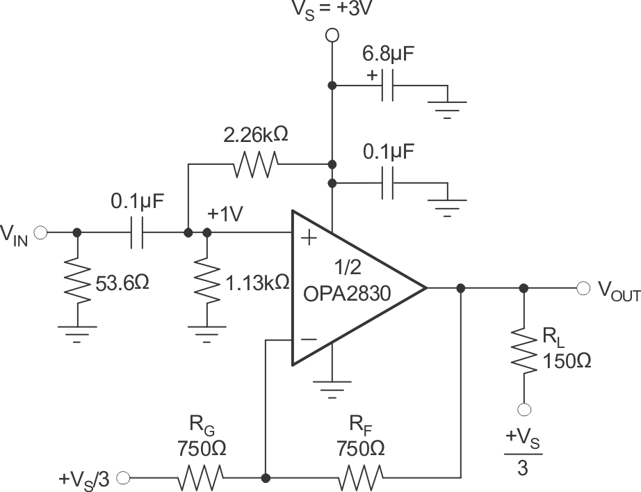 OPA2830 AC-Coupled, G = +2, 3V
                    Single-Supply Specification and Test Circuit