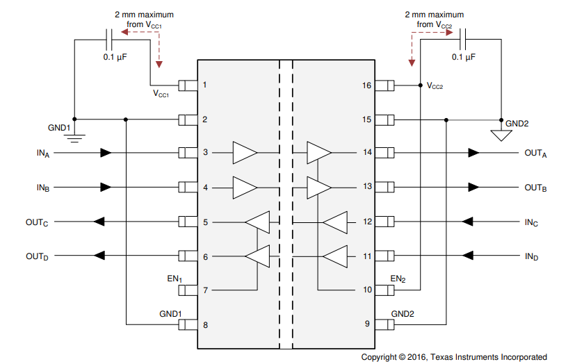 ISO7240CF-Q1 ISO7241C-Q1 ISO7242C-Q1 ISO7242x-Q1 Typical Circuit
                    Hook-Up