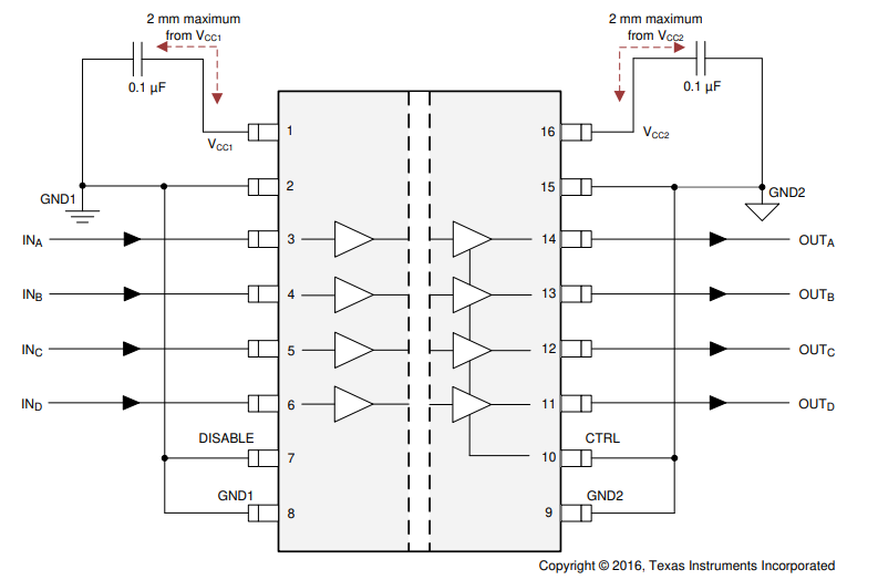 ISO7240CF-Q1 ISO7241C-Q1 ISO7242C-Q1 ISO7240CF-Q1 Typical Circuit
                    Hook-Up