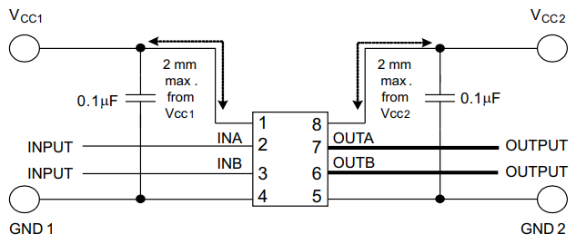 ISO7220A-Q1 ISO7221A-Q1 ISO7221C-Q1 Typical
                    ISO7220x-Q1 Circuit Hook-Up