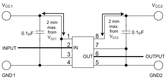 ISO721-Q1 ISO722-Q1 Typical
                    ISO721-Q1 Circuit Hook-up