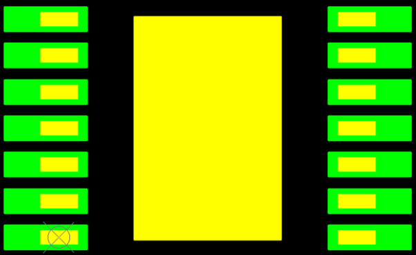 DRV81004-Q1 SO-14 on PWP0014L PCB Pad, Yellow: Other SO-14 leads, Green: TI PWP0014L PCB Pad