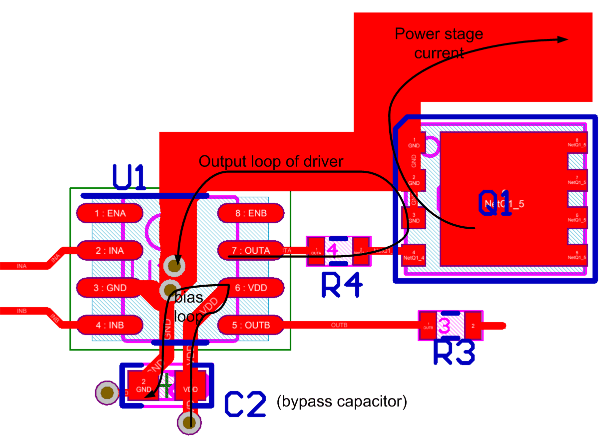 UCC27524A-Q1 UCC27524A-Q1 Layout Example