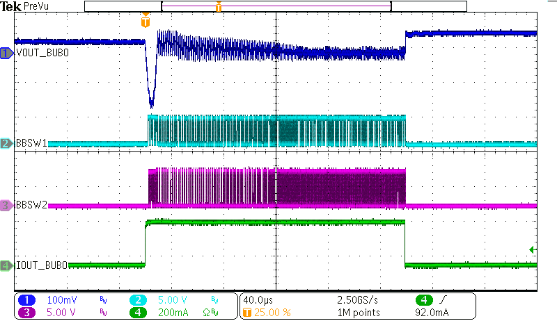 BQ25190 Buck-Boost Load Transient
                        (Buck-boost load = 0 to 250mA)