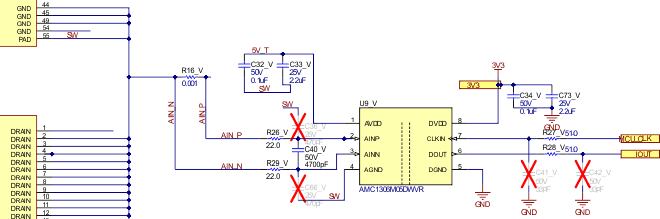 TIDA-010255 シャントと AMC1306M05 絶縁型変調器による V 相電流検出の回路図