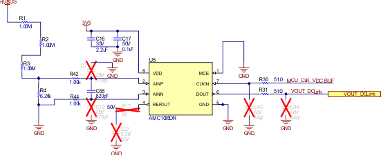 TIDA-010255 非絶縁型変調器を使用した ‌DC リンク電圧検出の回路図