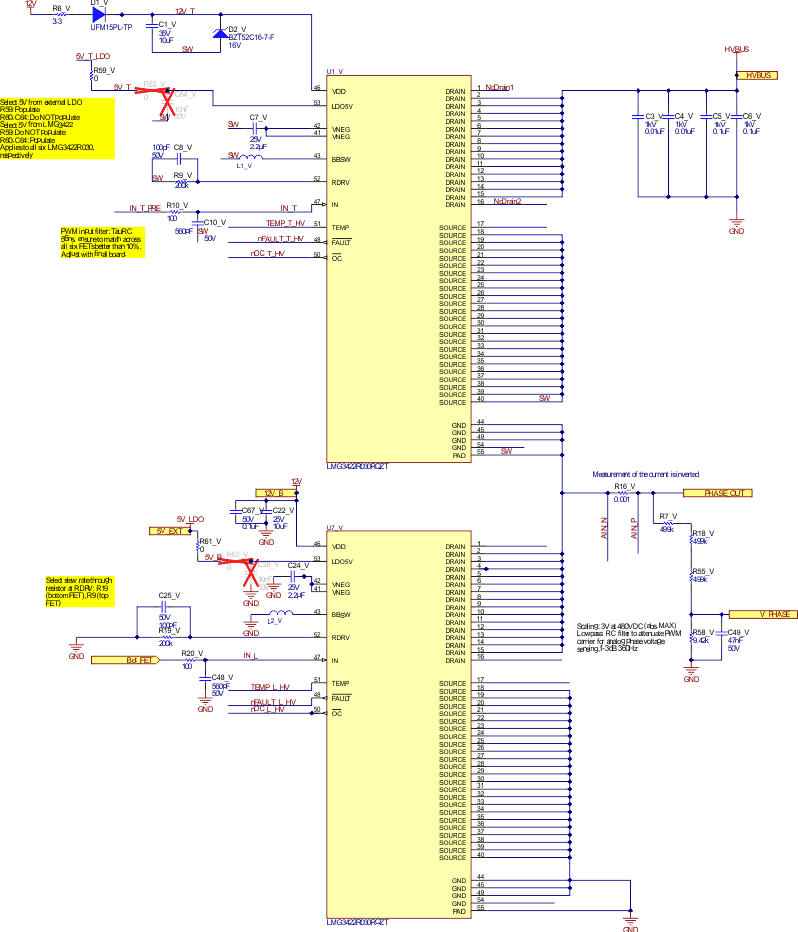 TIDA-010255 LMG3422R030 を上側と下側に配置したハーフブリッジ V 相の回路図
