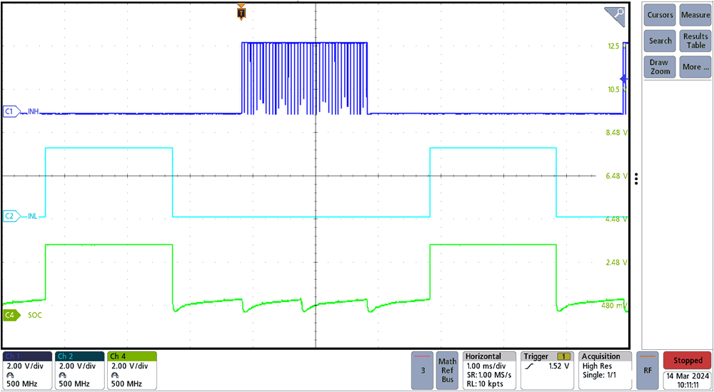 TIDA-010950 DRV8316C モーター動作 (OTL) 時の INH、INL、SOx