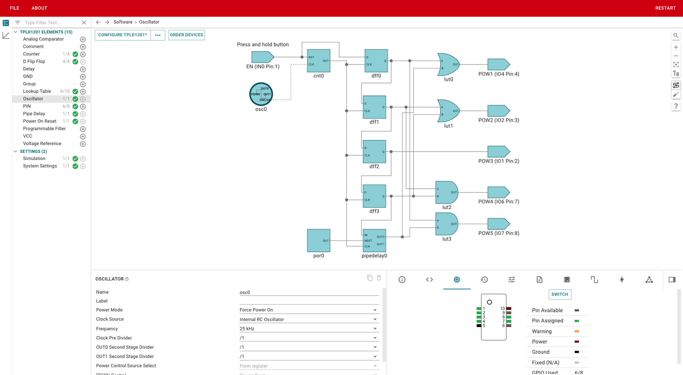  TI의 TPLD1201을 사용한 전원 시퀀싱 애플리케이션의 InterConnect Studio 데스크톱 보기