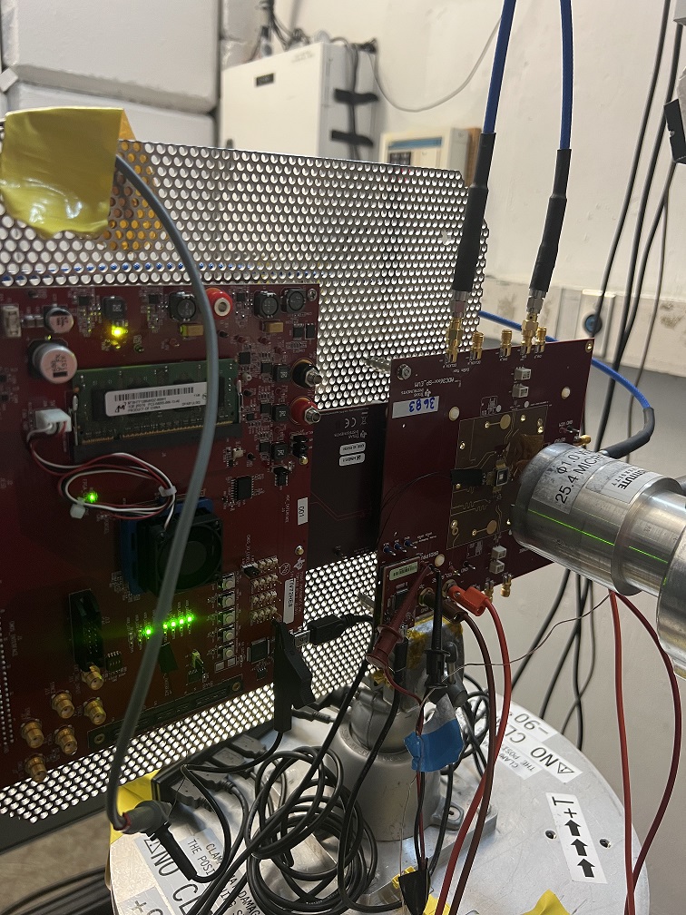 ADC3683-SP Photograph of the ADC3683-SP
                    Evaluation Board Mounted in Front of the Heavy-Ion Beam Exit Port at the Texas
                    A&M Cyclotron Institute