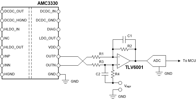 AMC3330 Connecting
                the AMC3330 Output to a Single-Ended Input ADC