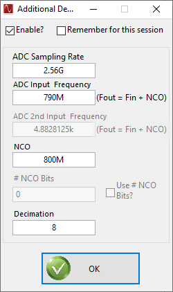 ADC32RF55EVM, TRF1305EVM Additional Device
                            Parameters , 8x complex decimation