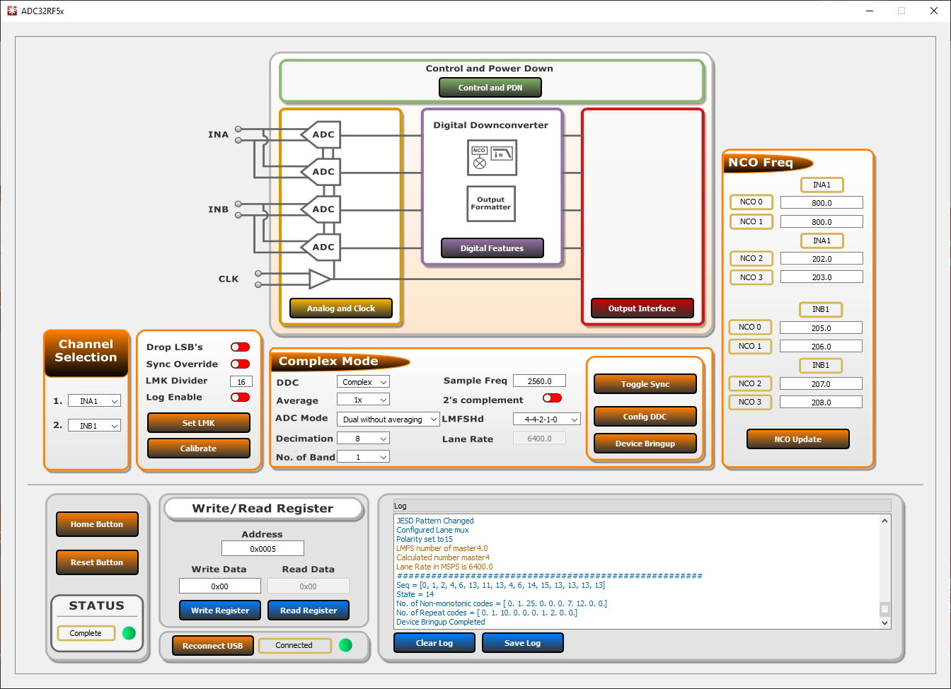 ADC32RF55EVM, TRF1305EVM ADC32RF5xEVM GUI, 8x
                            Complex Decimation, 800MHz NCO