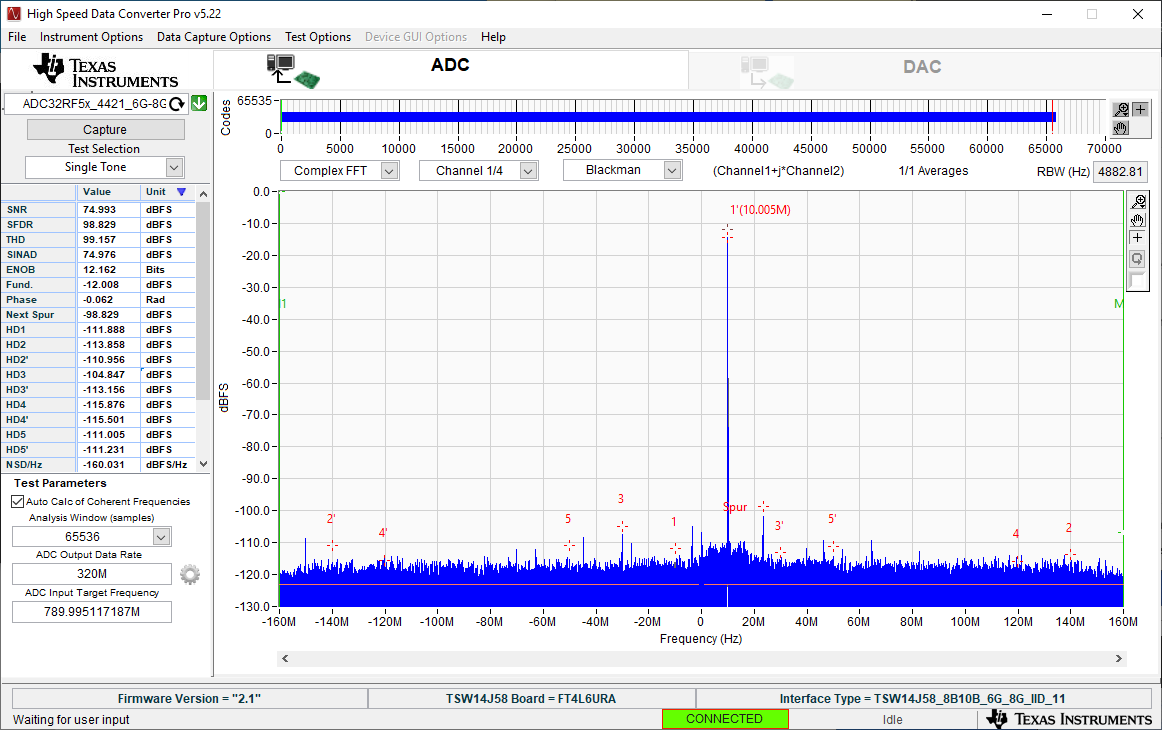 ADC32RF55EVM, TRF1305EVM 789.995MHz Input, 8x Complex
                    Decimation, 1x Averaging, Dither On