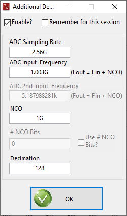 ADC32RF55EVM, TRF1305EVM Additional Device
                            Parameters , 128x Complex Decimation