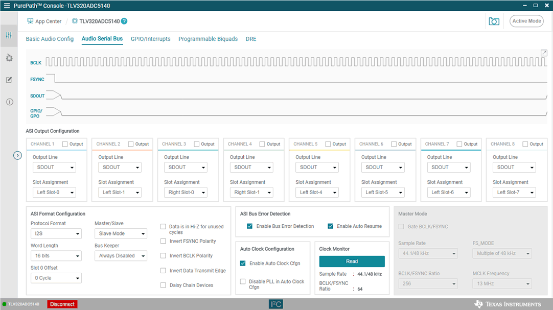 TAA3020 Audio Serial Bus Tab