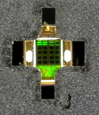  Image of FPCB With OPT4001YMN-Q1 Mounted, Receiving Light Through the Cutout with a Plus Shape