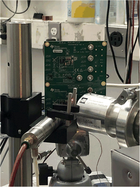 TPS7H4010-SEP Photograph of the
                    TPS7H4010-SEP Evaluation Board Mounted in Front of the Heavy-Ion Beam Exit Port
                    at the Texas A&M Cyclotron