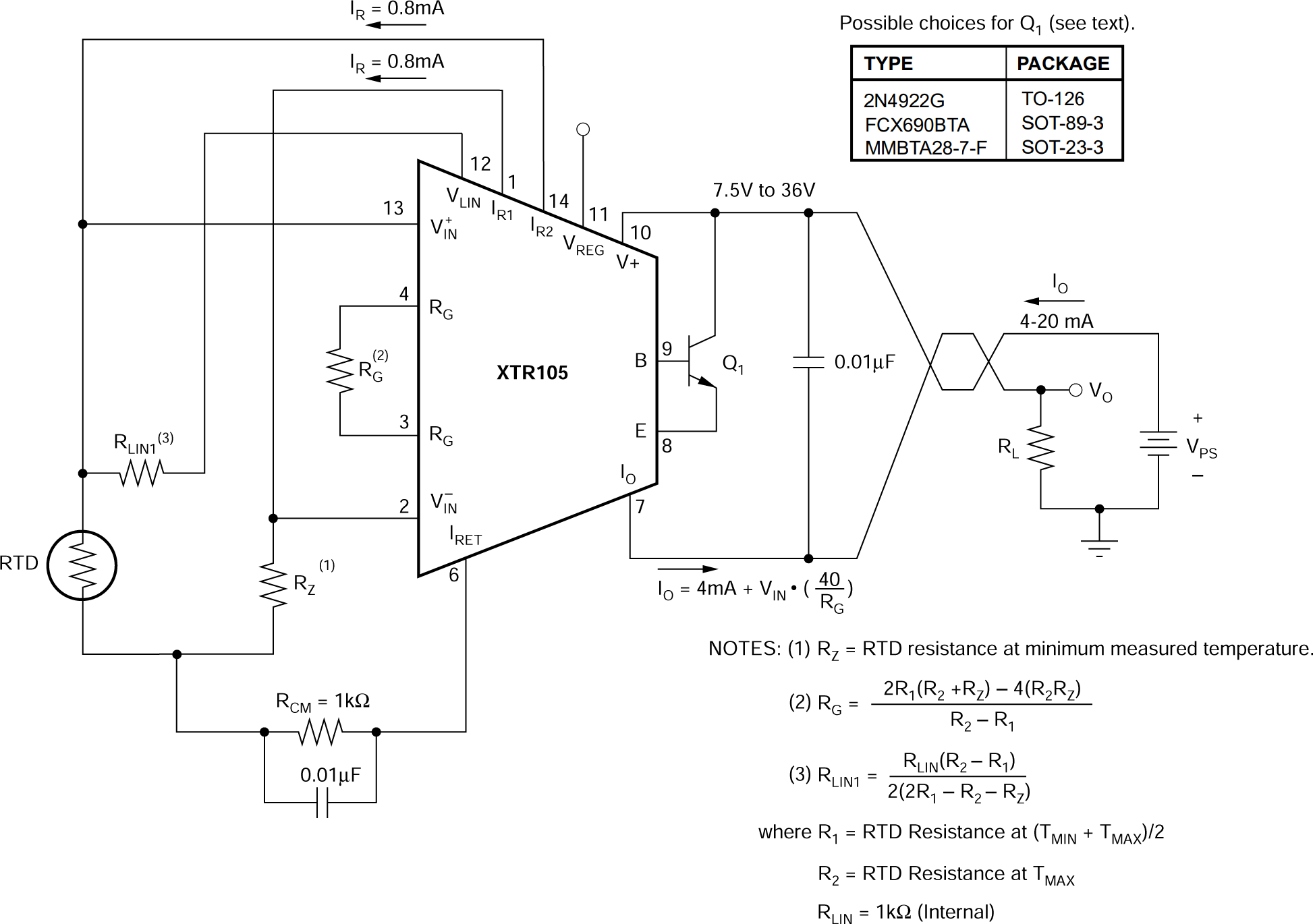 XTR105 Basic 2-Wire RTD Temperature
                    Measurement Circuit With Linearization