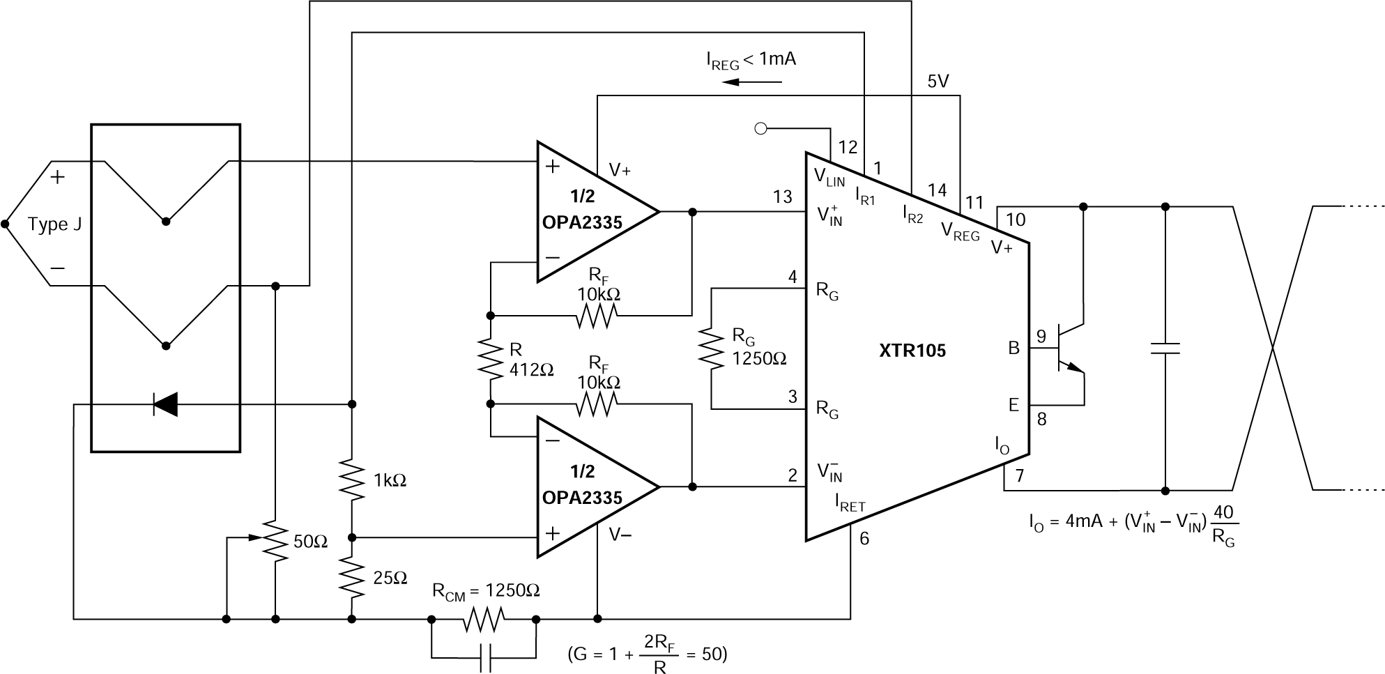 XTR105 Thermocouple Low Offset, Low
                    Drift Loop Measurement With Diode Cold Junction Compensation