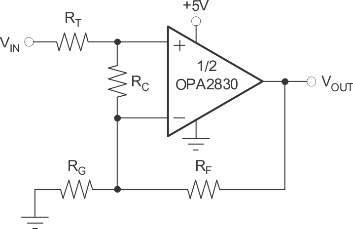 OPA2830 Compensated Noninverting
                    Amplifier