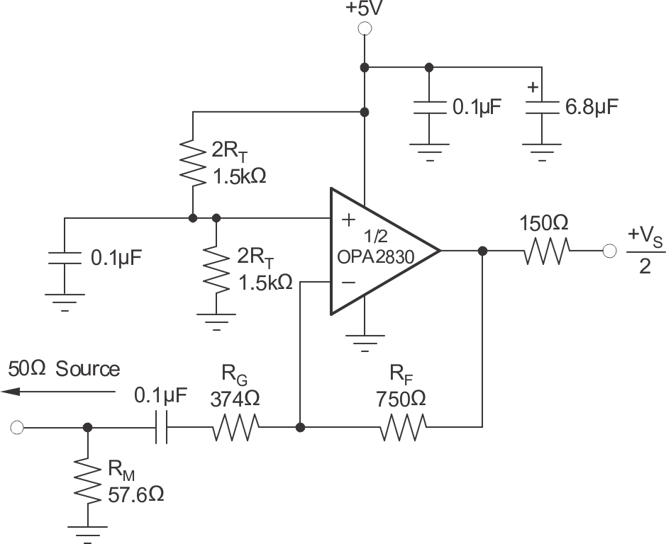 OPA2830 AC-Coupled, G = –2 Example Circuit