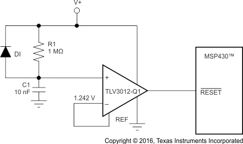 TLV3011-Q1 TLV3012-Q1 TLV3011B-Q1 TLV3012B-Q1 TLV3012-Q1 Configured as Power-Up Reset Circuit for the MSP430™ Microcontroller