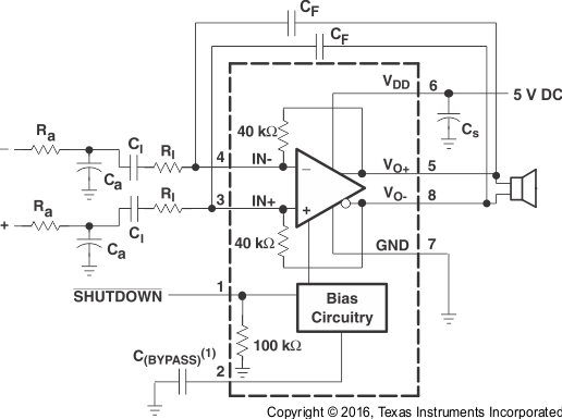 TPA6211A1-Q1 Differential Input Application Schematic With Input Bandpass Filter