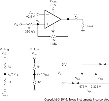 TLV3201 TLV3202 TLV3201 in Noninverting Configuration With Hysteresis