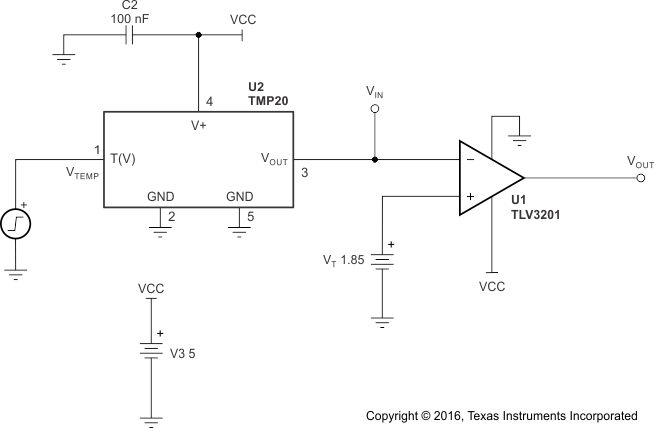 TLV3201 TLV3202 TLV3201 and TMP20 Configured as a Precision Analog Temperature Switch