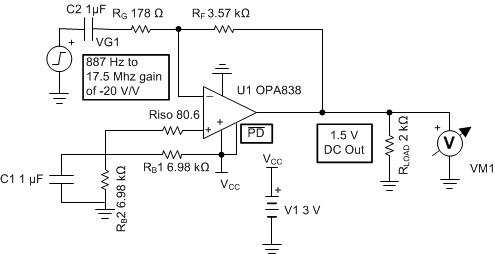 OPA838 Single-Supply Inverting Gain Stage With AC-Coupled Input