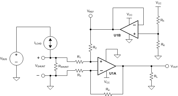 OPA392 OPA2392 Bidirectional
          Current-Sensing Schematic