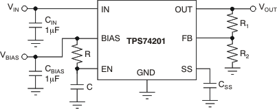 TPS74201 Soft-Start Delay Using an RC Circuit on Enable