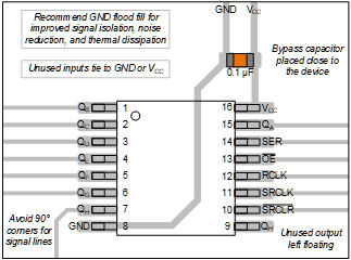 SN54SC8T595-SEP Example Layout for the SN54SC8T595-SEP