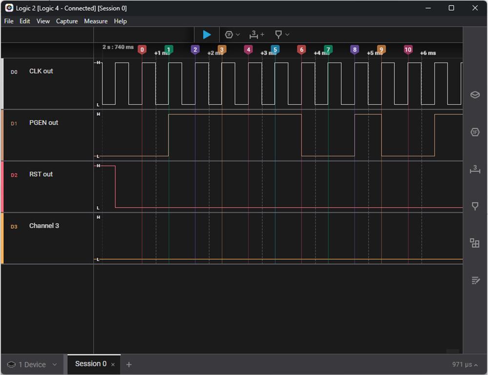  Logic Analyzer Capture of PGEN With Reset (10-bit Pattern, 0x1F2, Zoomed)