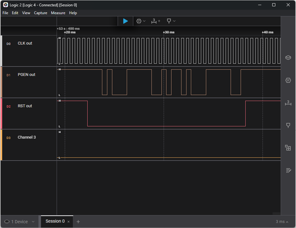  Logic Analyzer Capture of PGEN With Reset (16-bit Pattern, 0xD1F2, Zoomed)