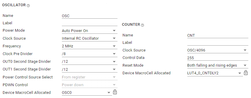 TPLD1201, TPLD1202 Oscillator and Counter Configurations