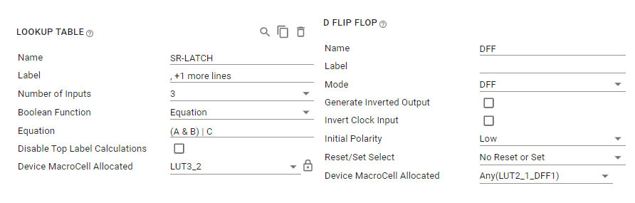 TPLD1201, TPLD1202 DFF and LUT (SR-Latch) Configurations